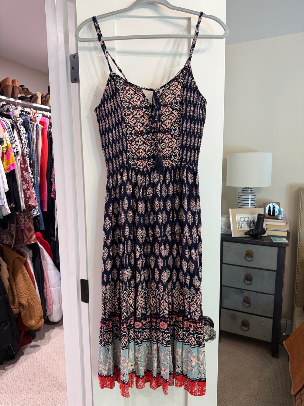 Angie Navy Midi Dress with Red, Pink and Light Blue Accents